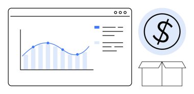 Çizgi grafiği, bar tablosu, dolar işareti ve açık kutulu analitik ekran. Finans, e-ticaret, lojistik, iş büyümesi piyasa analizi ticaret stratejisi için idealdir. Basit düz metafor