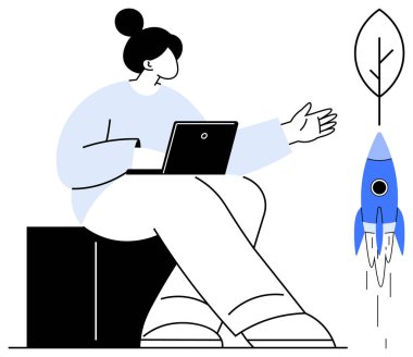 Dizüstü bilgisayarlı bir kadın, elini bir ağaç ve roket ikonuna uzatarak, yeniliği, gelişimi, teknolojiyi, sürdürülebilirliği, eğitimi, başlangıç stratejisini, basit düz metaforu sembolize ediyor.