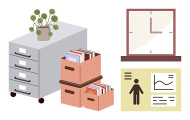 Bir saksı bitkisi, dokümanlarla dolu kutular, bir duvar saati ve içinde veri ve çizelgeler olan bir bilgi panosu. Ofis yönetimi, organizasyon, veri sunumu için ideal zaman