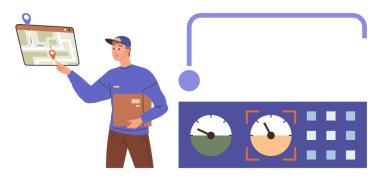 Kargo paketi, navigasyon haritasını gösteriyor. Hız göstergeleri ve göstergelerle gösterge paneli görüntüleniyor. Lojistik, dağıtım hizmetleri, izleme sistemleri, ulaşım, tedarik zinciri için ideal