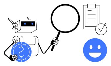 Robot, bir kontrol listesinin yanında büyüteç ve madeni para tutuyor ve mutlu yüz simgesi, analizi, mali değerlendirmeyi, karar verme mekanizmasını, yapay zeka kullanımını, üretkenliği, kalite güvencesini, basit bir iniş alanını temsil ediyor.