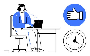 Ofis çalışanı, masa başında dizüstü bilgisayarla otururken yanında da saat simgesi ve işaret var. Üretkenlik, ergonomik, ofis sağlığı, zaman yönetimi, işyeri için ideal