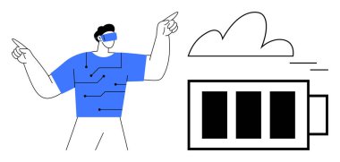 VR kulaklıklı bir adam deneyimli, devre tasarımı gömlekli, pil ikonlu, bulutlu. Sanal gerçeklik, yenilik, enerji, teknoloji eğilimleri, dijital gelecek oyunları için idealdir.