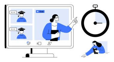 Bilgisayarda canlı bir sanal derste öğretmenlik yapan öğrenciler, video aracılığıyla etkileşime giren öğrenciler. Çevrimiçi öğrenme, sanal seminerler, uzak çalışma, zaman yönetimi, dijital işbirliği için ideal