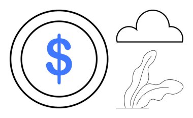 Merkezi odak noktası olarak dolar işareti, bulutlar ve yaprak elementleri temiz çizgiler ve düz tasarım. Finans, ekonomi, tasarruf, sürdürülebilirlik, büyüme, minimalizm, soyut basit düz