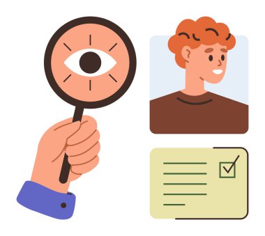 İçinde göz olan büyüteç, profil resmi ve işaretli kontrol listesi. Güvenlik, işe alım, veri analizi, kimlik doğrulama, insan kaynakları güveni için ideal. A