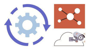 Dairesel oklu dişli otomasyon tasvir eder. Bağlı düğümler ağı sembolize eder. Güvenlik kamerası olan bir bulut platformu veri güvenliğini ve izlemeyi simgeliyor. Yenilik için ideal
