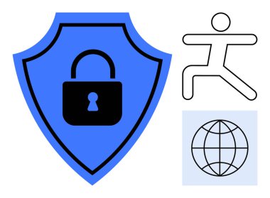 Asma kilidi olan mavi kalkan güvenliği vurguluyor. İnsan figürü denge ve aktivite öneriyor. Küre, küresel ulaşımı ve bağlantıyı vurguluyor. Teknoloji, siber güvenlik, mahremiyet, fitness, sağlık için ideal