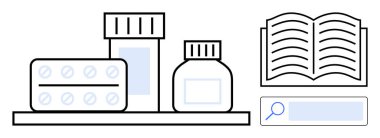 İlaç şişesi, tablet şerit ve kavanoz açık kitap ve arama barının yanında. Sağlık, eğitim, araştırma, bilgi, eczane, e-öğrenim sade iniş sayfası için ideal