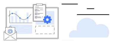 Çizelgeler, analizler, e-posta zarfı, kontrol listesi panosu, bulut yakınında vites simgesi. Bulut hesaplama, veri analizi, e-posta pazarlama, iş planlaması iş akışı yönetim süreci otomasyonu için ideal