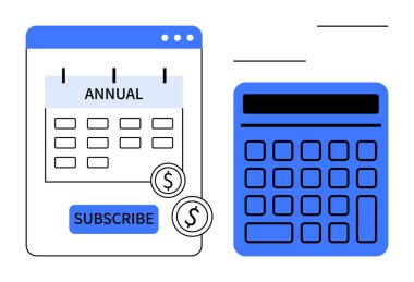 Hesap makinesinin yanında ödeme takvimi ve dolar simgeleri olan abonelik takvimi. Planlama, maliyet, bütçe, finans, ödeme, abonelik için ideal, düz basit metafor
