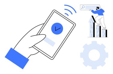 Kontrol işareti simgesiyle el ele tutuşan akıllı telefon, arama işlemi yapan adam çubuk grafiğine tırmanıyor. Üretkenlik, veri analizi, teknoloji, başarılar, çevrimiçi hizmetler, verimlilik, basit
