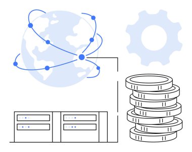 Bağlantı hatları, sunucu blokları, bozuk para yığını, dişli simgesi olan dünya. Teknoloji, bulut depolama, finans, küresel ağ veri yönetimi bilişim çözümleri için idealdir. Basit düz metafor
