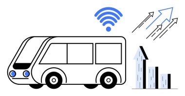 Kablosuz, büyüme grafikli ve yukarı doğru okları olan modern otobüs akıllı ulaşım, bağlantı, kentsel gelişim, teknoloji eğilimleri, verilerle yönlendirilmiş kararlar, verimlilik, basit iniş sayfası