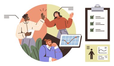 Çok ırklı takım beyin fırtınası, başarı için beşlik çakma, haritaları analiz etme ve kontrol listesi kullanma. İş, takım çalışması, strateji, hedefler, verimlilik işbirliği ve motivasyon için ideal. Basit.