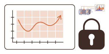 Çizgi çizelgesi büyüme eğilimini, motor illüstrasyonunu ve güvenlik konseptini gösteriyor. Siber güvenlik, veri koruması, analitik, IOT, endüstriyel izleme, risk yönetimi dijital güvenlik için ideal