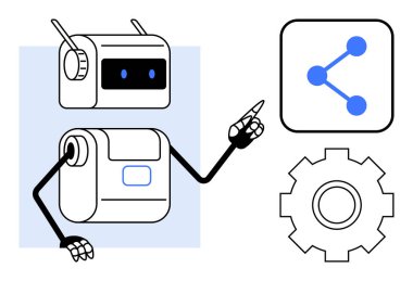 Robot, yanında dişli sembolü olan bir ağ ikonuna el hareketi yapıyor. Yapay zeka, otomasyon, robotik, ağ, teknoloji, yenilik, eğitim araçları, basit iniş sayfası için ideal