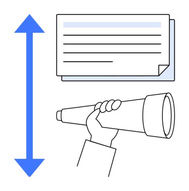 Eldeki teleskop belge yığınını, mavi dikey ok büyümeyi, perspektifi veya keşfi sembolize ediyor. Gelecek planlama, araştırma, strateji, yenilikçi vizyon geliştirme için idealdir. Basit.