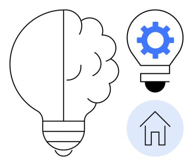 Ampul beyin ve teçhizata bölünmüş durumda, küçük ampul dişli, dairesel ev ikonu. Yaratıcılık, yenilik, ev fikirleri, problem çözme, teknoloji, tasarım düşünme ve modern çözümler için ideal