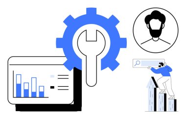Dişliler ve ingiliz anahtarı araçları vurgular, analiz için bar çizelgesi, kişiselleştirme için kullanıcı avatarı, merdivendeki kişi aramayı yönetir. Veri yönetimi, teknoloji, araştırma, üretkenlik ve çözümler için ideal