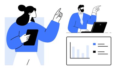 Ekip üyeleri dizüstü bilgisayardaki verileri analiz ediyor, grafiklerde el kol hareketi yapıyor, stratejik karar verme sürecine giriyorlar. Takım çalışması, işbirliği, iş stratejisi, veri analizi, iletişim ve şirket için ideal