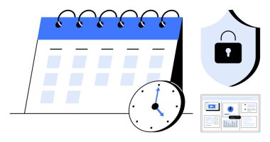 İşaretli tarihli takvim, saati gösteren saat, asma kilitli kalkan ve dijital gösterge paneli. Zaman yönetimi, güvenlik, planlama, teslim tarihleri, üretkenlik organizasyonu için ideal daire