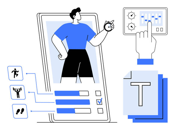 Smartphone app interface with fitness tracking stats, user profile, hand adjusting settings panel. Ideal for health, technology, personalization, goal setting, apps, self-improvement simple landing