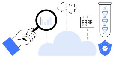 Büyüteç, bulutu bulmaca parçaları, takvim, DNA sarmalı ve kalkanlara bağlayan bir grafiğe odaklanır. Veri analizi, teknoloji, araştırma, problem çözme güvenlik bilimi bulutu için ideal