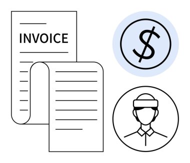 Detaylı çizgileri olan fatura kâğıdı, daire şeklinde dolar işareti ve iş adamı portresi. Finans, fatura, işlem, ödeme, muhasebe, bütçe analizi için idealdir.