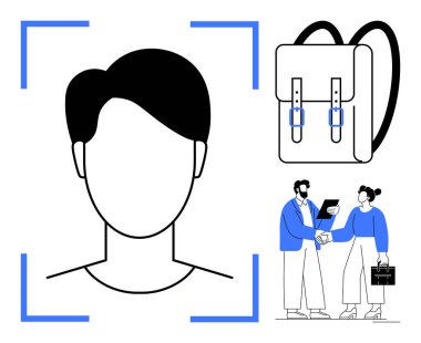 Yüz tanıma çerçevesi, eğitim ya da seyahat için bir sırt çantası, iki profesyonel belge değiş tokuşu. Güvenlik, eğitim, takım çalışması, teknoloji, seyahat, kimlik sistemleri için ideal