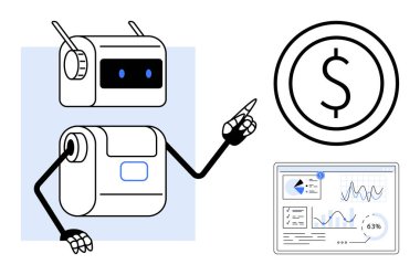 Dolara işaret eden antenli robot ve grafikleri ve çizelgeleri olan gösterge paneli. AI finans, fintech, veri analizi, yenilik, otomasyon, makine öğrenimi, ekonomik büyüme için ideal