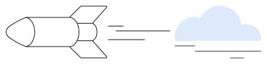 Hız çizgileri olan bir buluta doğru hareket eden minimalist roket yenilikçi, hırslı ve gelecekçi kavramları temsil ediyor. Teknoloji, ilerleme, boşluk, hedefler, büyüme keşfi ve icat için ideal