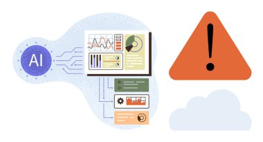 Yapay zeka verileri bağlı paneller, çizelgeler, bir uyarı simgesi ve bir bulut aracılığıyla işliyor. Teknoloji, güvenlik, yenilik, veri analizi, otomasyon, risk yönetimi ve bulut hesaplaması için ideal