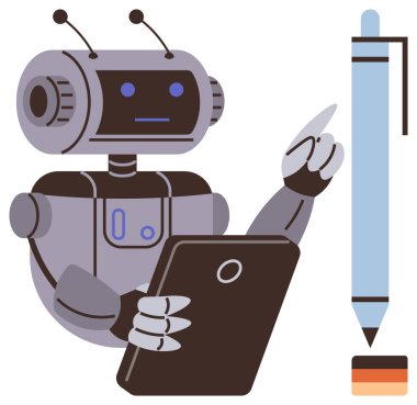 Robot bir tablet tutuyor, stil kalemi ve çok renkli bloknotu işaret ediyor. Teknolojik yenilik için ideal, yapay zeka, otomasyon, yaratıcılık, eğitim, gelecekteki araçlar insan-makine etkileşimi. Basit düz