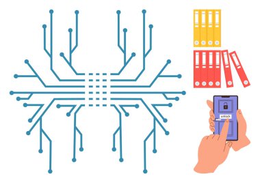 Devre tahtası tasarımı veri akışını, akıllı telefonun elle açılmasını ve renkli dosya dizinlerini sembolize eder. Teknoloji, siber güvenlik, dijitalleştirme, organizasyon, bilgi sistemleri, kilidi açmak için ideal