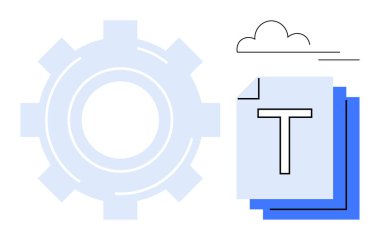 Bulut ana hatlı metin yığınının arkasındaki vites otomasyon, teknoloji ve dosya paylaşımını vurguluyor. İş akışı optimizasyonu, bulut depolama, dijital işbirliği, belge işleme için ideal