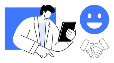 Tablet tutan ve işaret eden, mavi gülümseyen yüz, el sıkışma ikonu işbirliği, başarı, güven. İş büyümesi, kullanıcı deneyimi, takım çalışması ve danışmanlık ortaklığı için ideal
