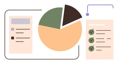 Renkli bölümlere ayrılmış turta şeması, işaretli kontrol listesi ve bir veri tablosu. Analiz, iş stratejisi, sunumlar, verimlilik, planlama, anketler ve basit takım çalışması için ideal