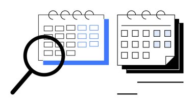Spiral bağlı takvimlerin detaylarını vurgulayan büyüteç. Analizi, organizasyonu ve zamanlamayı temsil ediyor. Görev yönetimi, planlama, üretkenlik, teslim tarihleri, araştırma, iş için ideal