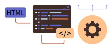 Kod satırları, HTML etiketi, dişli simgesi ve akış şeması bağlantıları olan kod düzenleyici penceresi. Programlama, web tasarımı, teknoloji, yenilikçi yazılım kodlama takım çalışması için idealdir. Basit düz metafor
