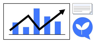 Büyümeyi, doküman yığınını ve ekolojik bilinç gelişimi için bitki simgesini sembolize eden yukarı doğru eğilimli bar tablosu. İş, finans, sürdürülebilirlik, yenilik, eğitim ve planlama için ideal