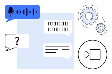 Mikrofon ve ses dalgalı konuşma balonu ikili metin, çark ve video kamera ikonlu sohbet baloncukları. Yapay zeka için ideal, sohbet robotları, video aramaları, otomasyon, teknoloji programlama basit düz