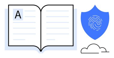 Üzerinde parmak izi olan mavi bir kalkanın yanında metin satırları olan açık bir kitap. Aşağıdaki küçük bulut. Eğitim, güvenlik, mahremiyet, dijital veri, bilgi, kimlik doğrulama, belgeleme için idealdir.