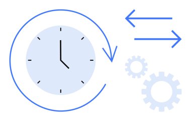 Dairesel oklu saat, iki yönlü oklar ve süreç optimizasyonunu gösteren dişliler, zaman yönetimi, iş akışı, sistem otomasyonu, görev takvimi, verimlilik, basit düz metafor