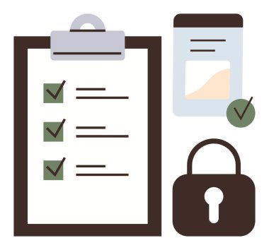 İşaretli görevleri olan kontrol listesi, işaretli form ve asma kilit organizasyonu, verimliliği ve güvenliği simgeliyor. Yönetim için ideal, veri koruması, kimlik denetimi, uyum mahremiyeti