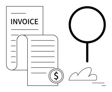 Fatura belgesi, dolar simgesi, büyüteç ve bulut elementi içeren makbuz. Finans, muhasebe, işletme yönetimi, çevrimiçi ödeme, e-ticaret bankacılığı için ideal