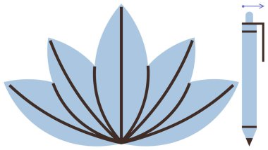 Siyah çizgili mavi nilüfer çiçeği yaratıcılığı, ilhamı, dengeyi ve farkındalığı sembolize eden bir kalemin yanında. Sanat, yazma, meditasyon, sağlık, üretkenlik büyümesi için idealdir.