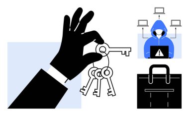 El ele tutuşmalar, bilgisayar başında kapüşonlu bir bilgisayar korsanı bağlı cihazlar ve güvenli bir çanta. Siber güvenlik, şifre güvenliği, hackleme, erişim ihlali, veri koruma gizlilik endişeleri için ideal