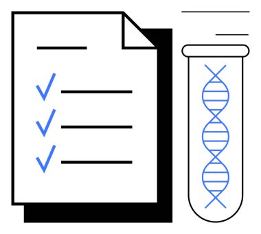 Üzerinde DNA ipliği olan bir test tüpünün yanında mavi kene izleri olan kontrol listesi. Sağlık, araştırma, genetik, teşhis, moleküler biyoloji, bilimsel çalışmalar ve planlama için ideal. Basit düz metafor