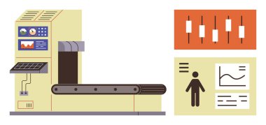 Kontrol paneli olan endüstriyel taşıma makinesi, analitik çizelgeler ve izleme ve ayarlama için kaydırıcılar. Otomasyon, üretim, iş akışı, mühendislik, analiz, optimizasyon için ideal